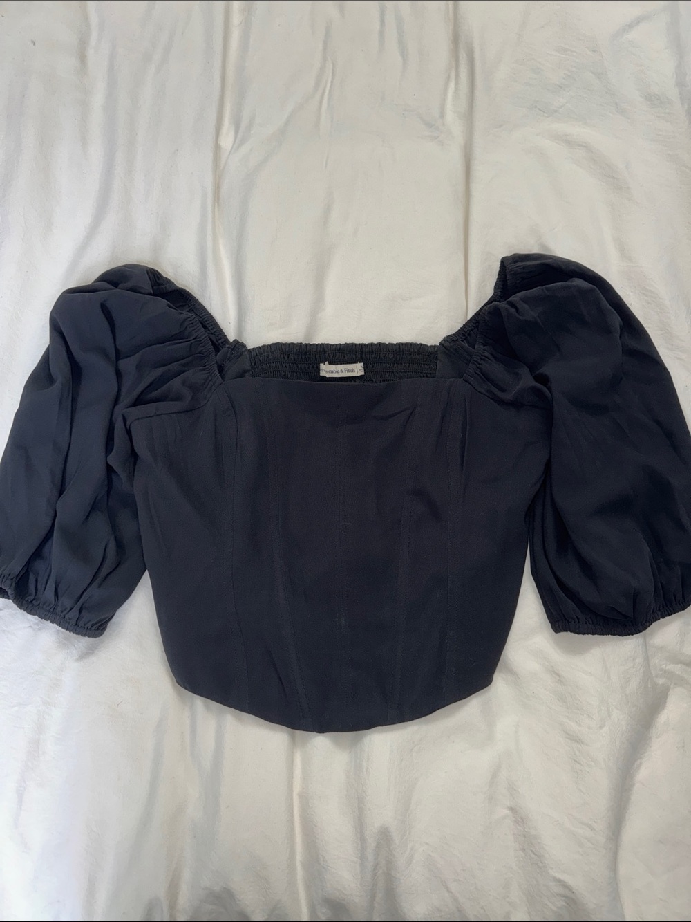 Abercrombie & Fitch Black Puff-Sleeve Smocked Crop Top